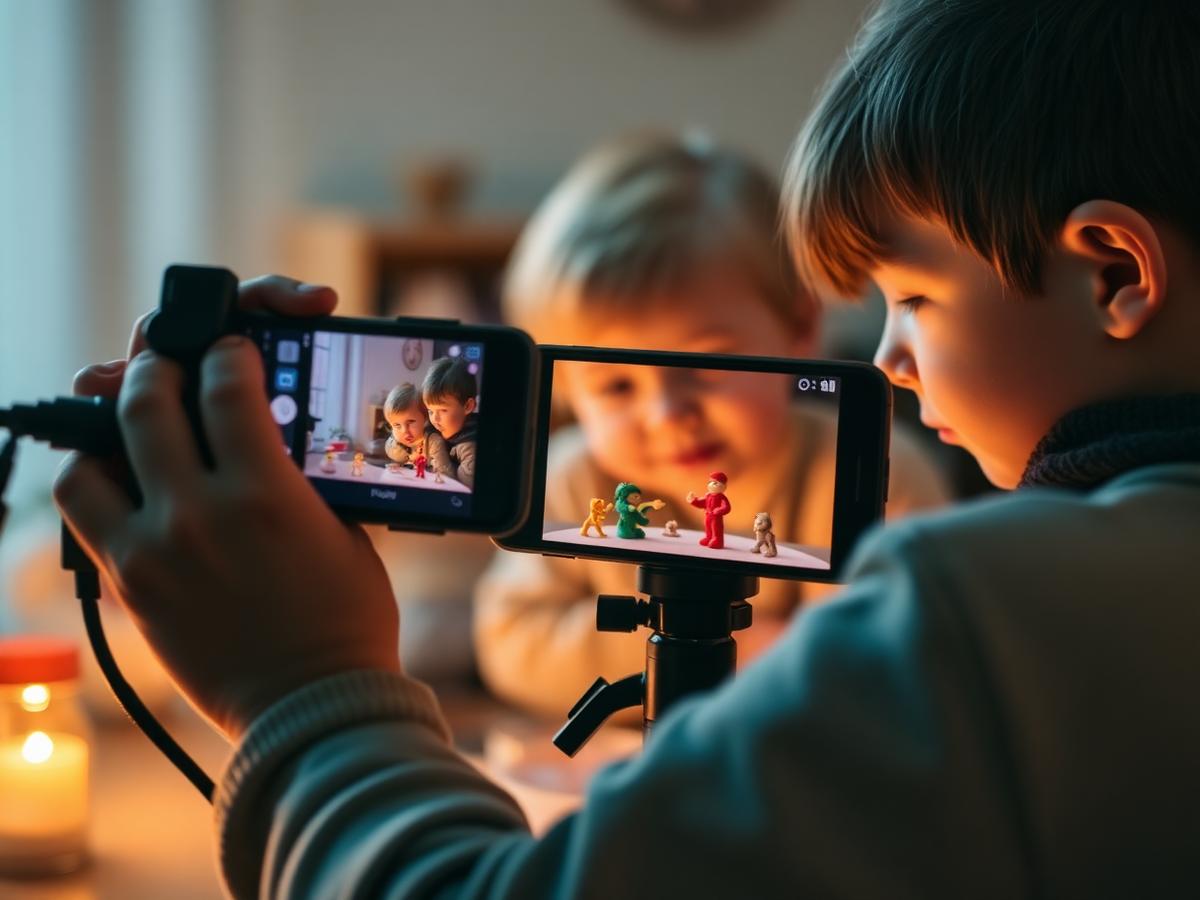 Niños grabando una escena de stop motion con un móvil