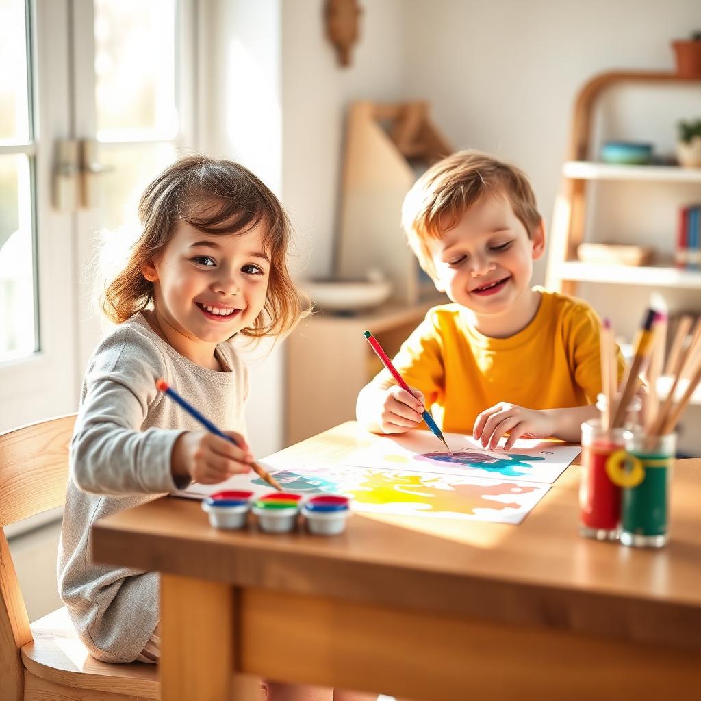 Niños pintando con acuarelas en el taller de arte