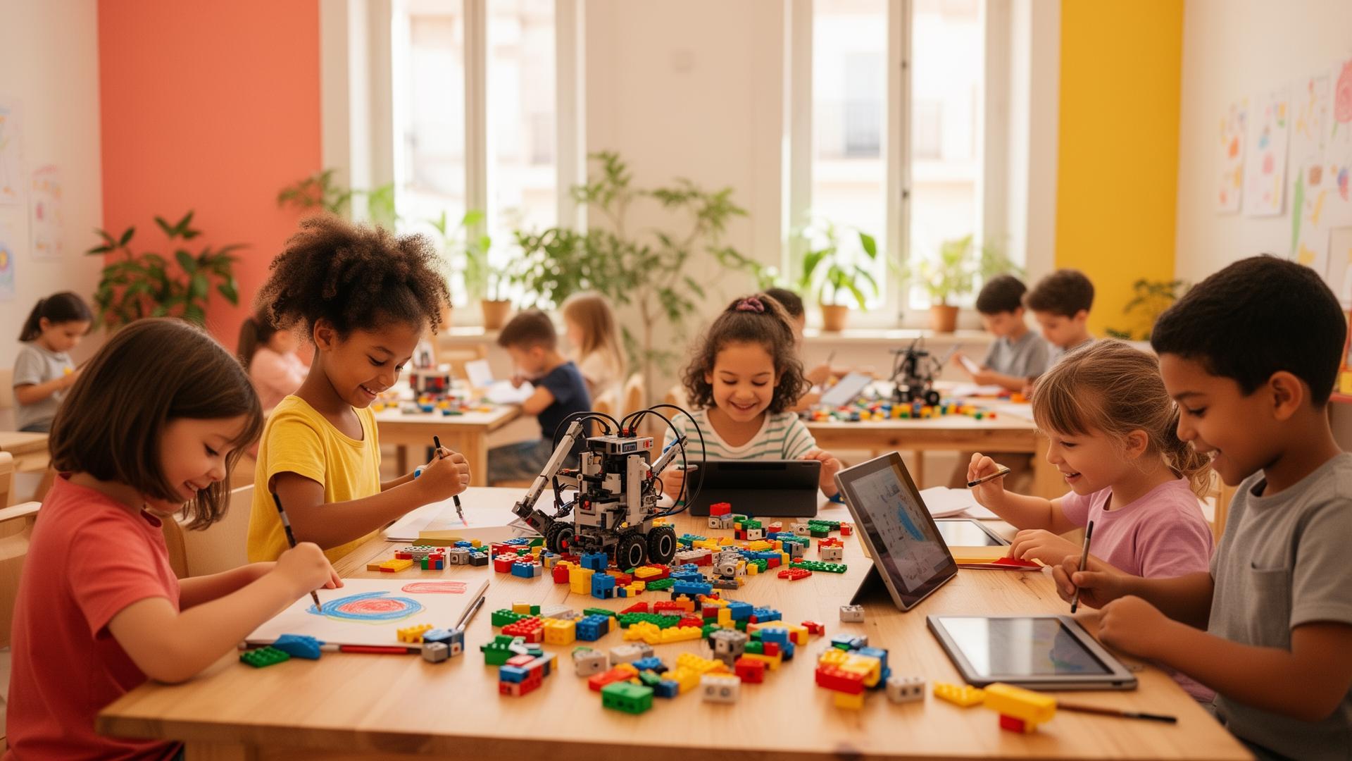 Niñas y niños creando, pintando y construyendo con LEGO en Kids Talent