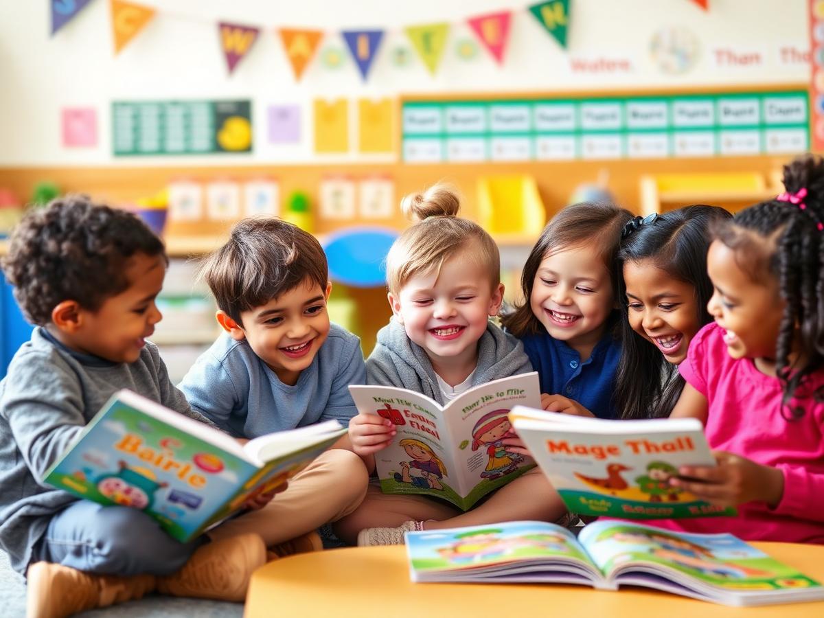 Grupo de niños riendo y leyendo libros de inglés