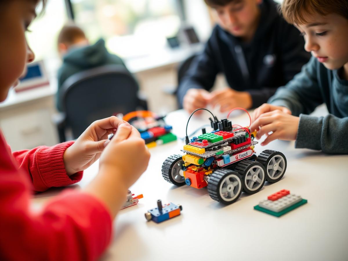 Manos de niños montando un robot LEGO